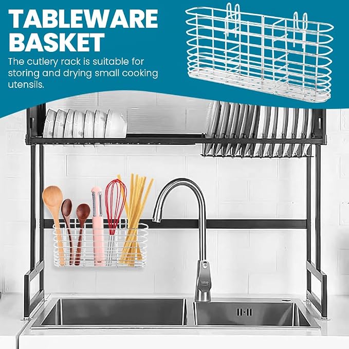 304 Stainless Steel Utensil Holder with Hooks - 3 Divided Compartments Silverware Drying Rack, Kitchen Tableware Organizer Drainage Basket for Flatware Knives Forks Spoons