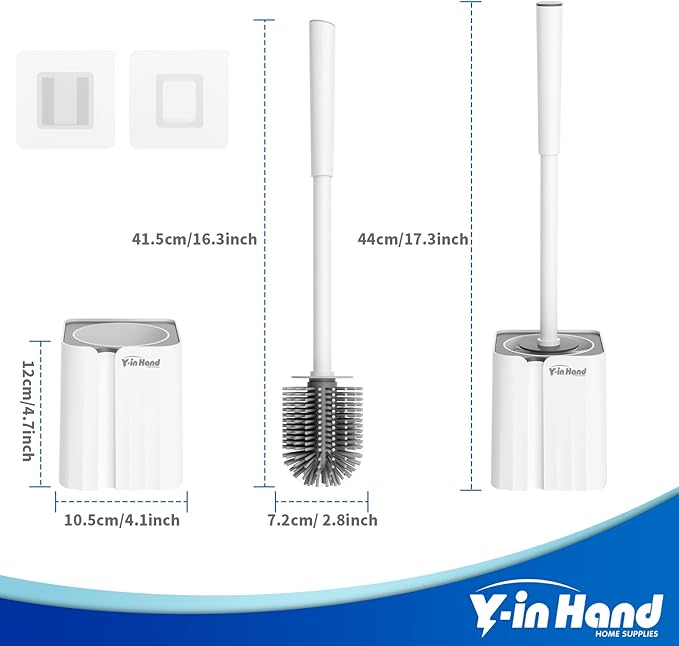 Y-in Hand 2 Pack Silicone Toilet Brush, Soft Toilet Bowl Brush Set for Deep Cleaning. Bathroom RV Accessories with Long Handle, Wall mountable. - White