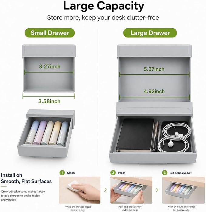 Under Desk Drawer, 2 Pack Self Adhesive Slide Out Desk Storage Drawers | Hidden Desk Drawer Organizer Attachment for Pens, Notes, Earbuds, Cables and Small Office Accessories, Grey