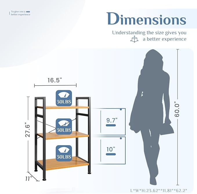 DUMOS 3 Tier Bookshelf, Home Office Bookcase Shelf Storage Organizer | Free Standing Open Display Storage Shelving Unit for Bedroom, Living Room Wood