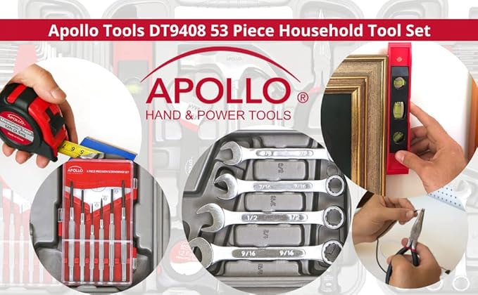 Apollo Tools 53 Piece Home Repair Tool Set with Toolbox Storage Case, Basic Tool Set for General Household Repairs and DIY, Includes Most Useful Hand Tools - Red