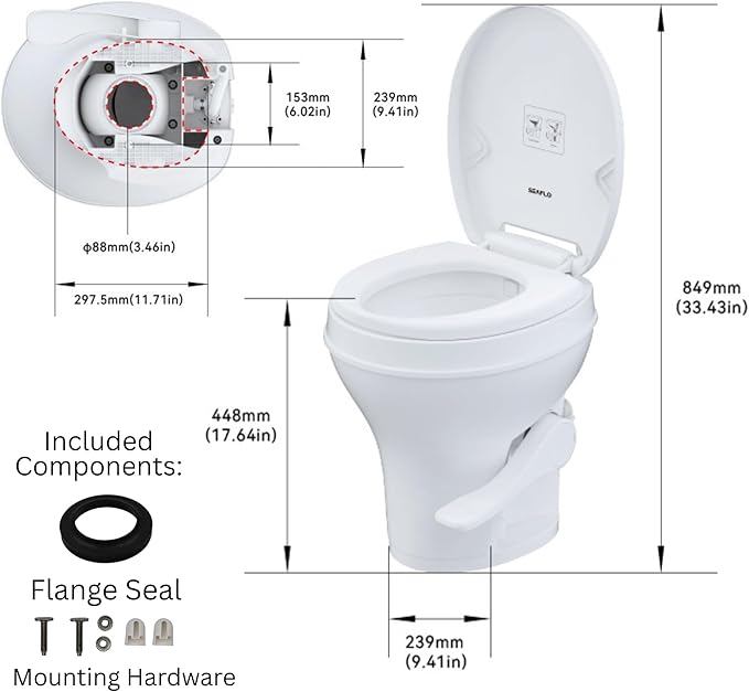 SEAFLO RV Toilet, Residential Height 18.4", Gravity Flush Foot Pedal, Soft Close Seat, Camper Toilet for RV Motorhome Travel Trailer, White, SFRTPH-01-01, 4-Year Warranty