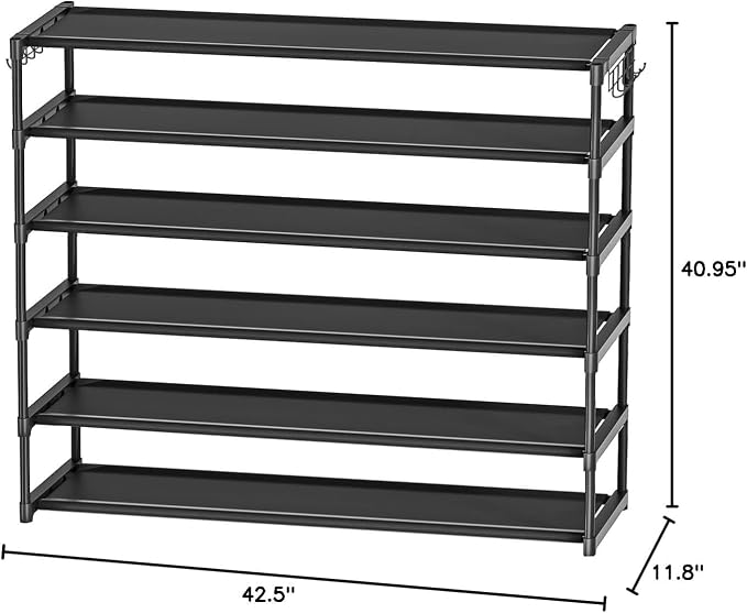 LUKYTOWER Extra Long Shoe Rack 6 Tier 39Pairs with 2 Hooks | Sturdy Wide Stackable Shoe Organizer for Closet, Entryway, Front Door Entrance, Durable Shoe Shelf Stand, Black Shoe Storage