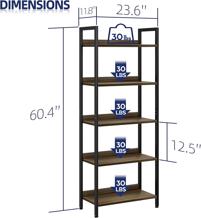 NUMENN Bookshelf, 5 Tier Freestanding Shelving Unit, Dark Walnut | Metal Frame & Wood Shelves, Falling Prevention Baffle, Open Storage Bookcase for Bedroom, Living Room & Home Office