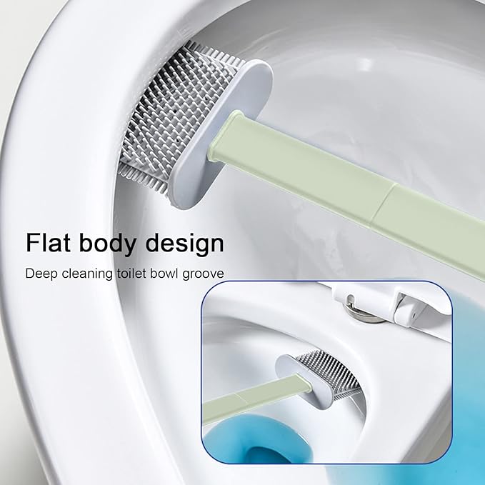 Toilet Brush and Holder Set 3 in 1 (Round Silicone Brush + Flat Silicone Brush + Slit Brush) Toilet Bowl Brush Clean Every Corner of The Toilet, Compact Size Toilet Brushes (Green)