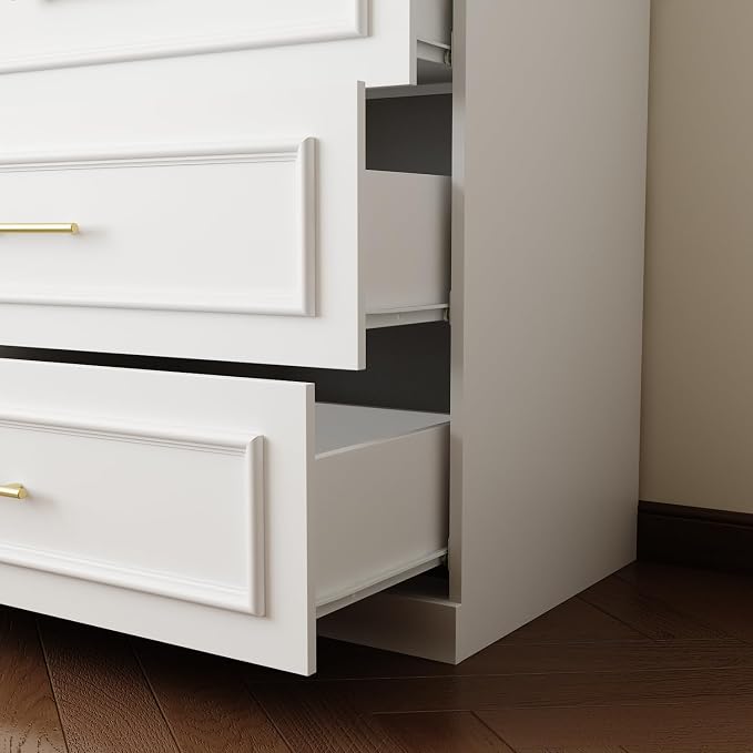 FUFU&GAGA Wardrobe Closet with Glass Doors, Modern White Bedroom Armoire with Gold Handles, Modern Clothes Storage Cabinet with 3 Drawers, Hanging Rod, 31.7”W x 19.3”D x 74.8”H