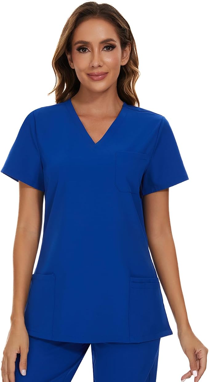 Scrubs Tops for Woman - Soft Stretch, V-Neck Tops | 3 Pockets, Side Split Design, Short Sleeve, Breathable & Lightweight Nursing Shirt, Easy-Care Fabric for All-Day Comfort