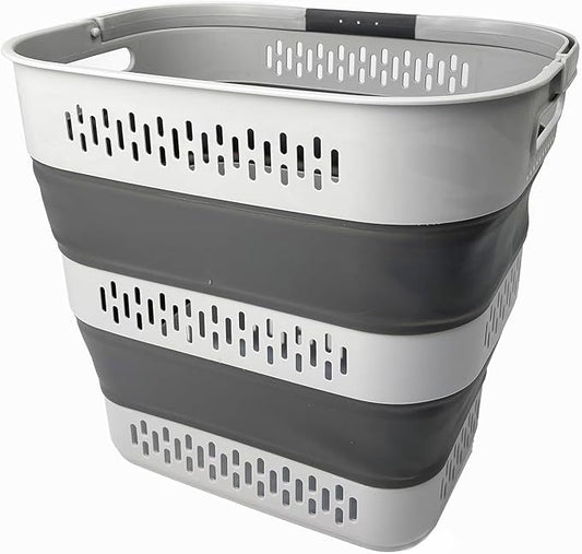 SAMMART 40L (10.5 Gallon) Collapsible Plastic Laundry Basket with Handles - Foldable Pop Up Storage Container/Organizer - Portable Laundry Hamper - Space Saving (1, Grey)