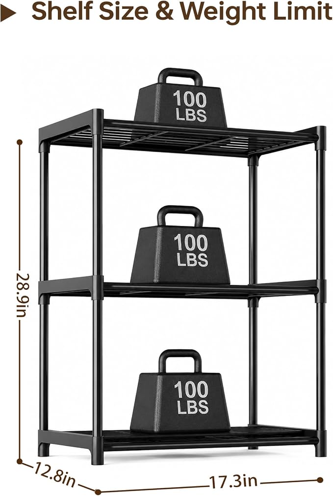 3-Tier Storage Shelves with Plastic Connectors – Metal Shelf Organizer for Pantry, Closet & Bathroom, Space-Saving Sturdy Shelving Unit Rack, Black, 17.3" x 12.8" x 28.9"