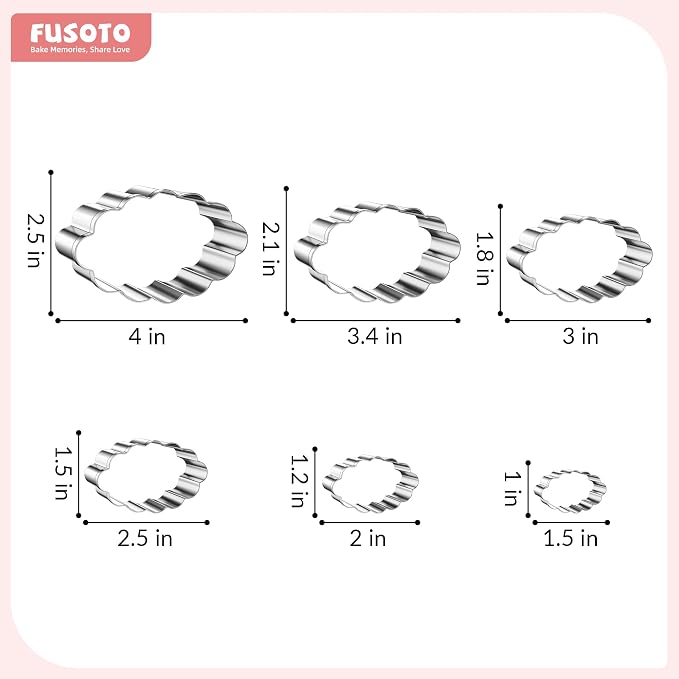 FUSOTO Ellipse Cookie Cutter Set - 6 Piece Oval Shaped Geometric Cookie Cutter for Kitchen Baking, Stainless Steel, (1.5", 2", 2.5", 3", 3.5", 4"), Ellipse