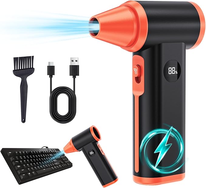 Compressed Air Duster Rechargeable Electric Air Duster for PC Keyboard Mini Dust Blower 130000RPM Cordless Air Blower Jet Dryer Turbo Fan Handheld Blower for Car Home Office, Black-Orange