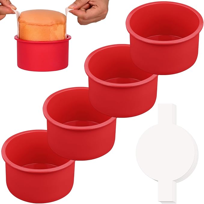HUAKENER 4 Inch Cake Pan, 4 Pack Silicone Cake Molds with 100 Pieces Parchment Paper, Nonstick Round Cake Pan for Smash Cakes, Layer Cakes, Cheese Caks, Chocolate Cakes ﻿