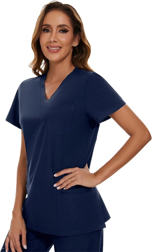 Scrubs Tops for Woman - Soft Stretch, V-Neck Tops | 3 Pockets, Side Split Design, Short Sleeve, Breathable & Lightweight Nursing Shirt, Easy-Care Fabric for All-Day Comfort