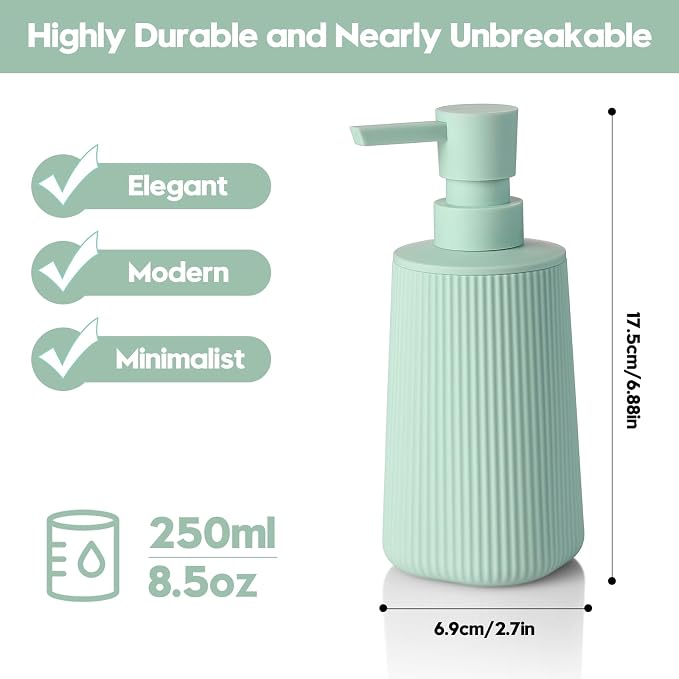 YAUKPH Small Soap Dispenser for Bathroom and Kitchen Matte Light Green | Modern Farmhouse Striped Style Plastic Hand Soap Dish Soap Dispenser with Pump