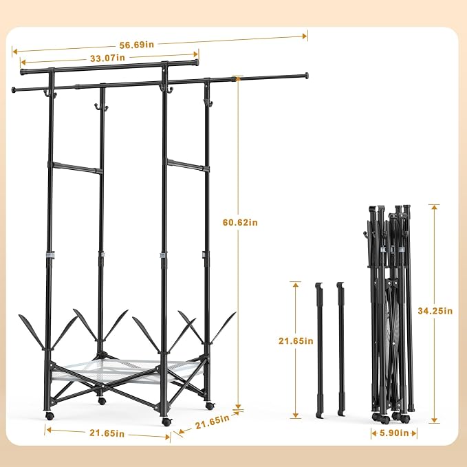 Portable Foldable Clothes Drying Rack - Adjustable Double Extendable Rods (33.1” to 56.7”) -Portable Coat Rack for Travel, Camping, Drying, RV, Indoor, Outdoor, Easy Assemble (Black)