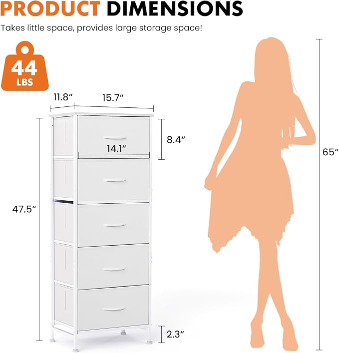 Sweetcrispy White Storage Drawer Bedroom Dresser, Tall Dresser for Closet | Chest of 5 Drawers for Home Storage with Fabric Bins, Narrow Nightstand, Durable Clothes Oragnizer