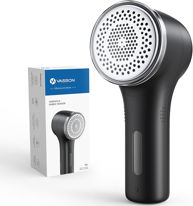 VASSON Fabric Shaver, Sweater Shavers to Remove Pilling, High-Perf Defuzzer, Rechargeable Electric Lint Shaver for Fuzz and Lint Balls from Clothing, Upholstery, Bedding (Black) | Upgraded Battery Life & Type-C Fast Charge，2-Speed Fuzz Remover