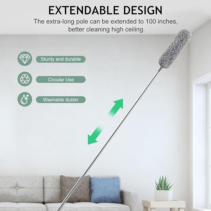 SetSail Extra-Long Dusters with Extension Pole 100-inch for Cleaning, Bendable Microfiber Head Washable Ceiling Fan Duster for High Ceilings, Furniture | Bendable Microfiber Head, Washable, Ceiling Fan Duster, For High Ceilings and Furniture