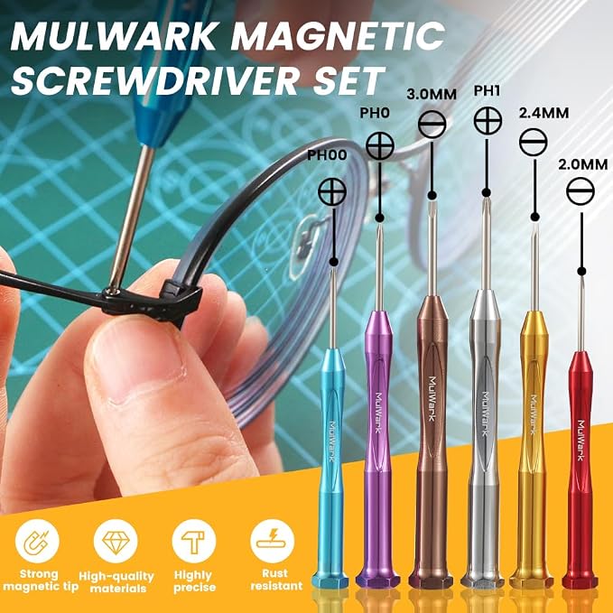MULWARK Small Screwdriver Set, 6pcs Magnetic Mini Screwdriver Set, Micro Precision Flathead and Phillips Glasses Screwdriver with Case for Eyeglasses, Watches, Electronics, Phone And Computer