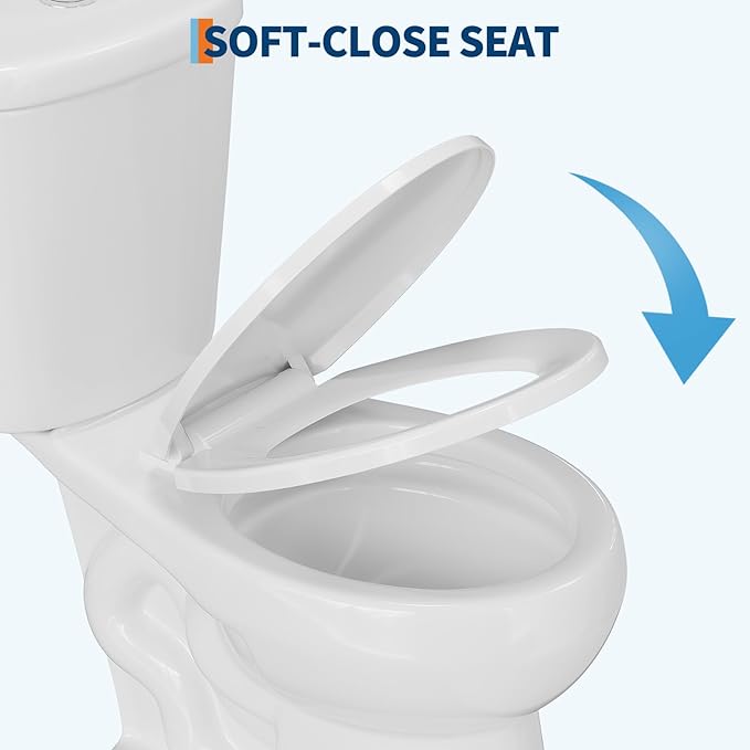 Two Piece Toilet, 17" Round with Upgraded Flushing, Dual Flush Buttons (Top Mounted), Includes Soft-Close Seat & Hardware, White, 12" Rough-in