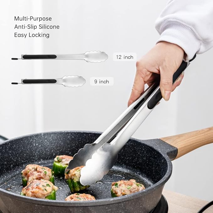 9 & 12 Inch Kitchen Tongs, Stainless Steel Metal Tongs Cooking Tongs, for Cooking Barbecue, BBQ Grilling, Buffet Serving (9"+12")