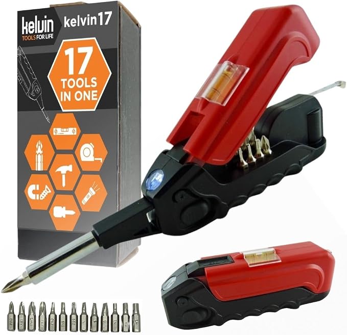 Kelvin Tools - Kelvin 17 Urban Screwdriver Set, All in One Everyday Multitool Screwdriver, Multi-Tip, Compact & Universal Precision, 13 Bit Set with Tape Measure, Liquid Level, Hammer and Flashlight