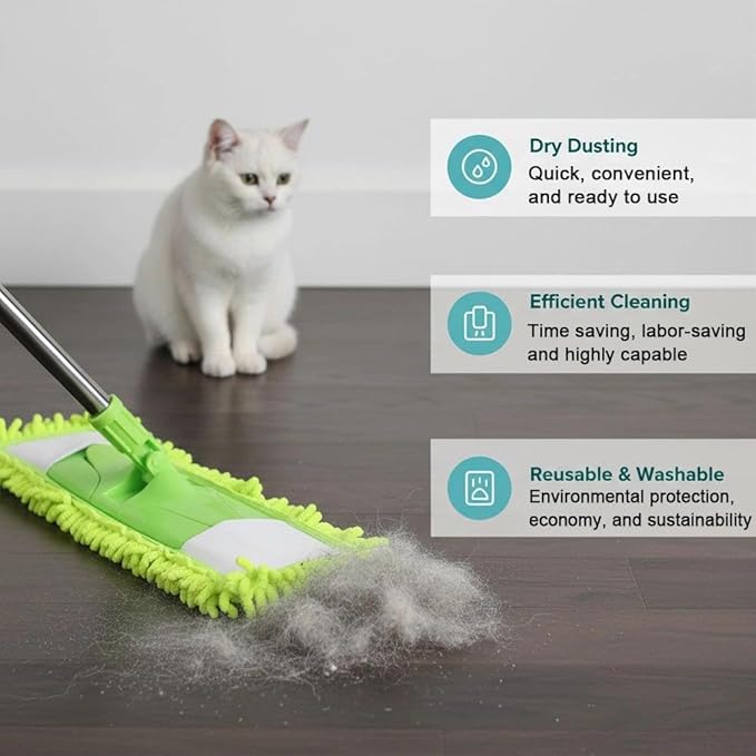 [Godiyyer] Dust Mop for Floor Cleaning, 360° Swivel Chenille Mop with 2 Washable Pads, Adjustable 31-58" Handle, Dry and Wet Available, Suitable for Hardwood, Laminate, Tile, Marble