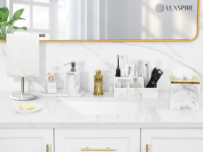 Luxspire Bathroom Counter Organizer, 5 Slots, Gravel White | Toothbrush Holder for Bathroom, Marble Bathroom Accessories for Toothbrush Toothpaste