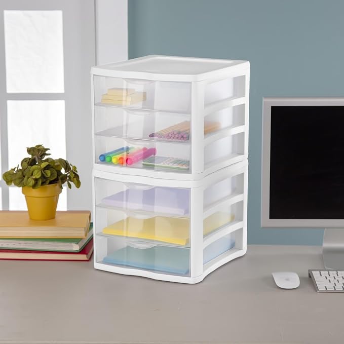 3-Drawer Clear Plastic Desktop Organizer, White | Stackable Design, Anti-Slip Drawer Stops, Letter/A4 Size Fit, 13.50 x 11.00 x 9.63 in, No Assembly Required
