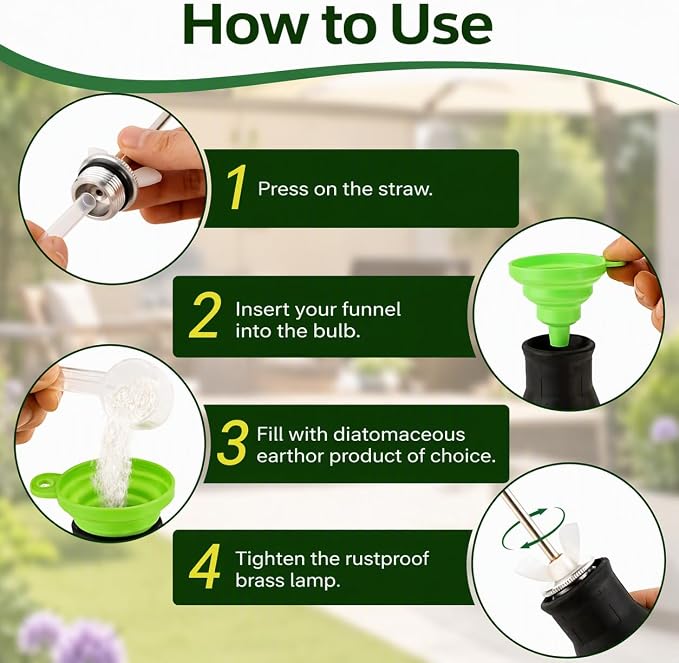 Diatomaceous Earth Powder Duster, 8 oz Bulb Applicator with 5–22 in Extendable Metal Nozzle, Threaded Leak-Resistant Seal, Powder Dispenser with Funnel and Scoop for Indoor, Outdoor and Garden Use