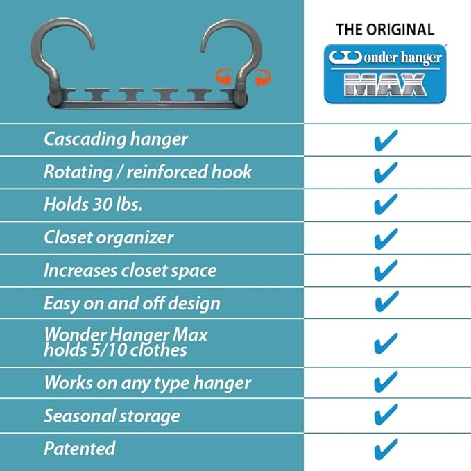 Max 10-Pack Space-Saving Cascading Hangers, 360° Swivel Hooks, Grey | Maximize closet space with 10 assembled cascading hangers and reinforced 360° swivel hooks—ideal for dorms and storage.