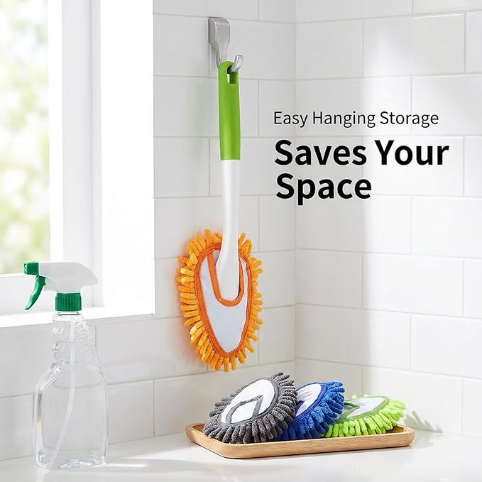 Microfiber Duster for Cleaning, Hand Washable Dusters with 4 pcs Replaceable Microfiber Head,Wet and Dry Use, Detachable Cleaning Supplies for Office, Car, Window, Furniture, Wall