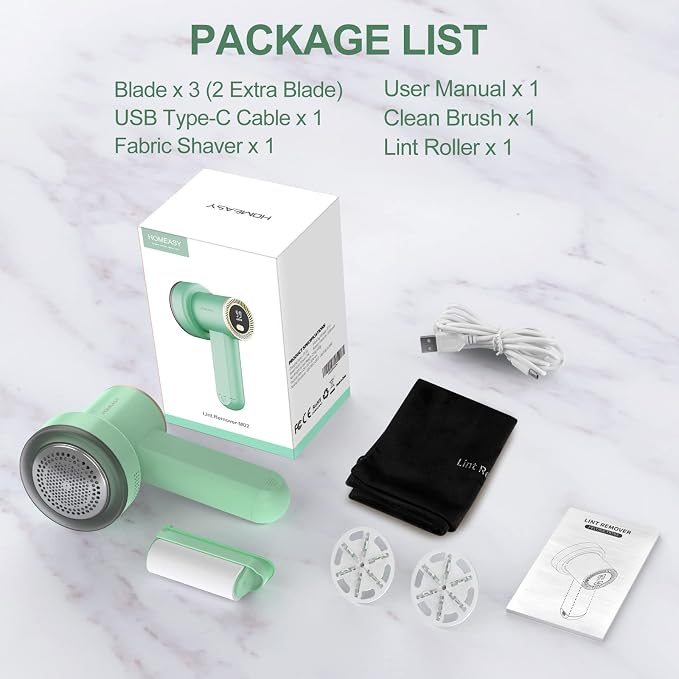 HOMEASY Fabric Shaver, Rechargeable Lint Remover for Clothes Green | Electric sweater shaver and depiller with 70mm head, 6-leaf blades, LED battery display and Type-C charging for Furniture