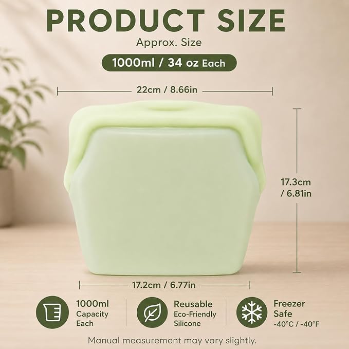 2 Pack Reusable Silicone Food Storage Bags,1000ml Stand-Up Freezer Bags | Leak Proof, Upright Freezer Bags, Odor-Proof, High-Temperature Resistant