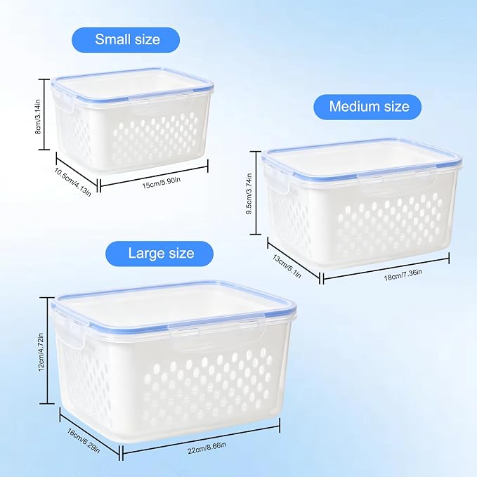 3 PCS Fruit Storage Containers for Fridge,Removable Colander,Airtight Food Storage Containers,Keep Fresh Longer