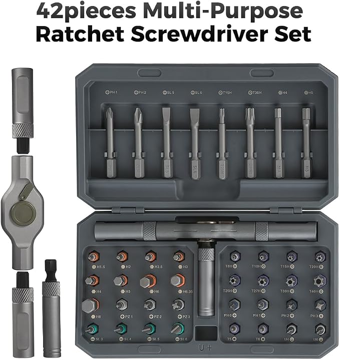 Asnish 42 in 1 Magnetic Ratchet Screwdriver Set with Precision Bits | Compact repair kit with removable magnetic bits for computers, laptops, game consoles, Ring Doorbells, bicycles and furniture