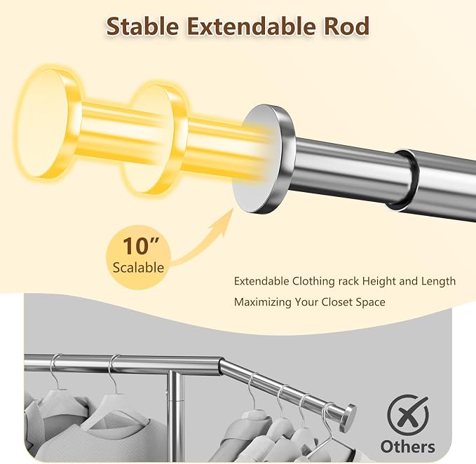 Wiracks Clothes Rack for Hanging Clothes 350lbs Heavy Duty Clothing Rack 51 to 71" W x 16.53" D x 65" to 71" H Adjustable Rolling Clothes Rack Coat Rack Garment Rack 3" industrial Wheels Silver