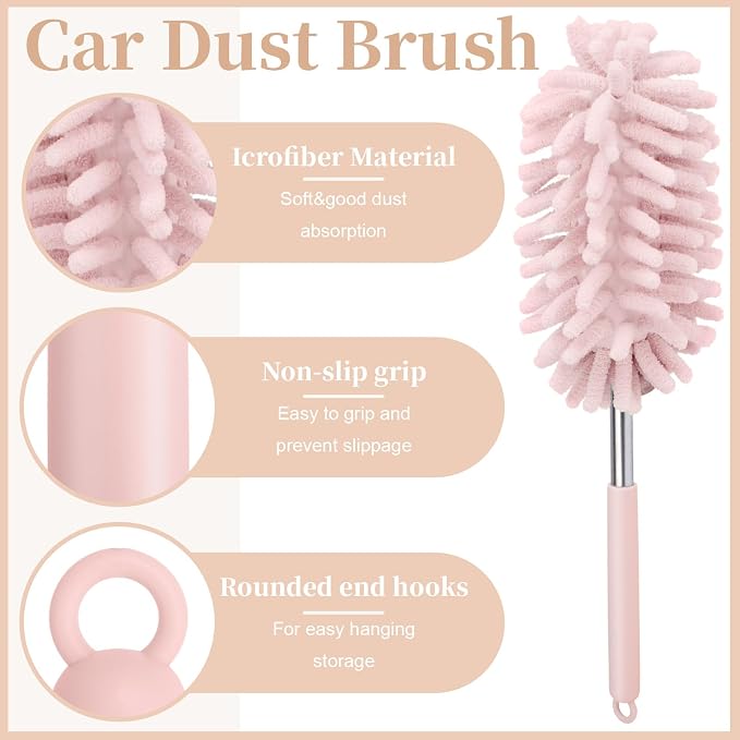 2 PCS Car Interior Duster with Extension Pole, Dusters for Cleaning | Microfiber Car Dusters with Bendable Head, Duster Interior & Exterior Scratch Free for Vehicle, Offices, Window (Pink)