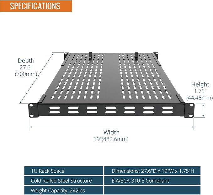 Tecmojo 1U 4-Post Vented Server Rack Mount Shelf,27.6in Deep with Adjustable Depth 19.7-37.4inch,Supports to 242 lbs,Universal Tray for 19 Inch AV/Network Equipment Rack,Black