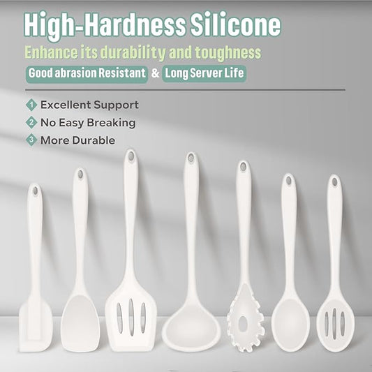 E-far Silicone Cooking Utensils Set, 7-Piece White Heat Resistant Kitchen Utensils Set, Kitchen Nonstick Tools Spatula Ladle Spoon Pasta Server for Non-stick Cookware, Non-Toxic & Dishwasher safe