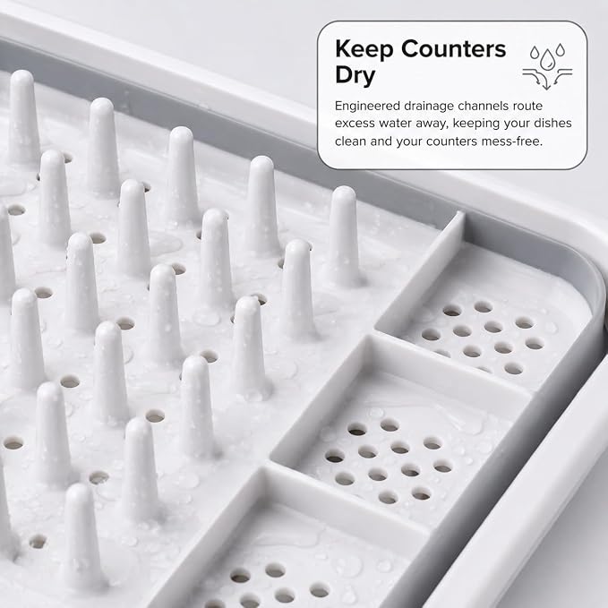 American Dream Collapsible Dish Drying Rack, Grey Foldable Kitchen Dish Drainer with Drain System, Space-Saving Organizer for Plates, Cups & Utensils