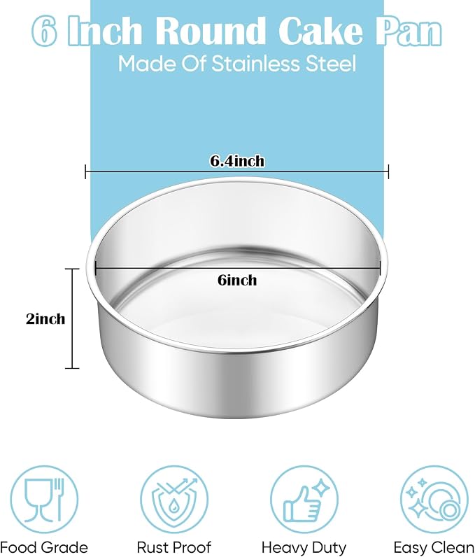 TeamFar 6 Inch Cake Pan, 4 Pcs Round Tier Cake Pans Set Stainless Steel for Baking Steaming Serving, Fit in Oven Pot Air Fryer, Healthy & Heavy Duty, Mirror Finish & Dishwasher Safe