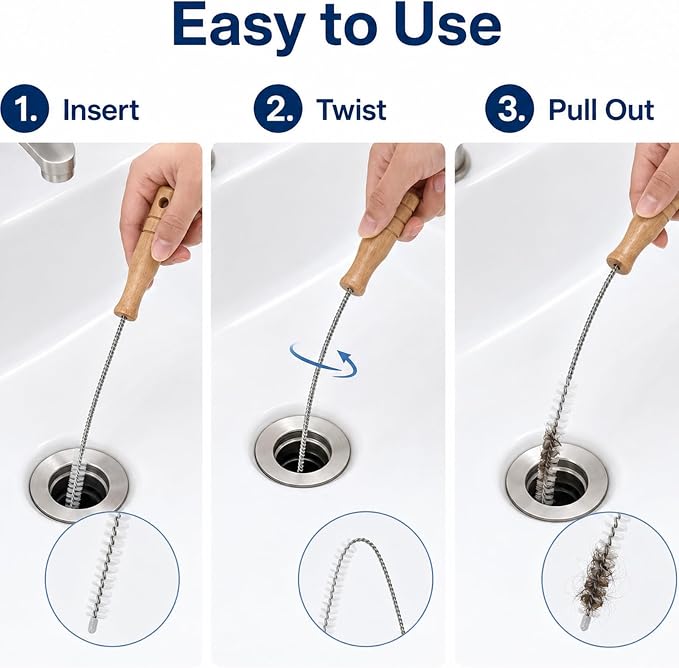 2 Pack Drain Cleaning Brush, 28 Inch Flexible Drain Cleaner Tool with Wooden Handle, Sink Brush with Nylon Bristles for Hair Clogs, Shower, Bathroom Tub, Kitchen Sink, Overflow Hole