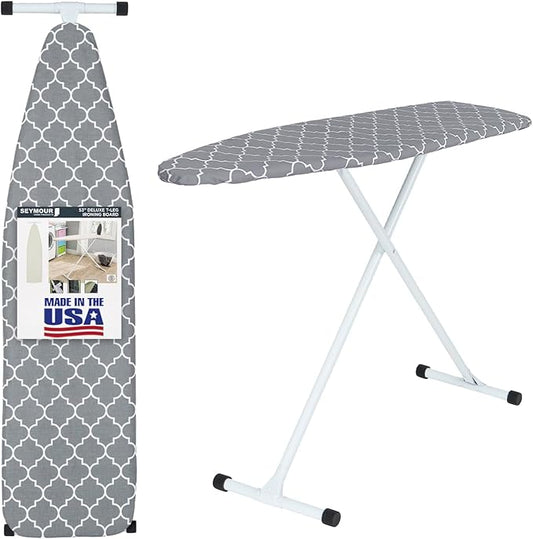 Seymour Full Size Ironing Board with Cover & Pad – USA-Made with Enhanced Grip Feet for Extra Stability – Adjustable Steel T-Legs 35" High – Perforated Top – Durable Iron Board for Home