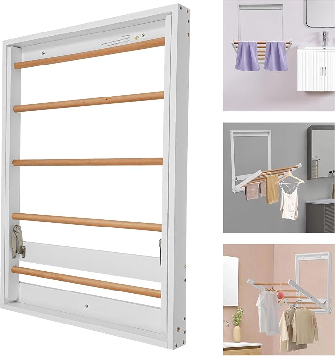 Wall Mounted Clothes Drying Rack, Folding Laundry Drying Rack with 5 Wooden Rods, 11LBS Capacity Retractable Clothes Airer for Bathroom Laundry Room Balcony