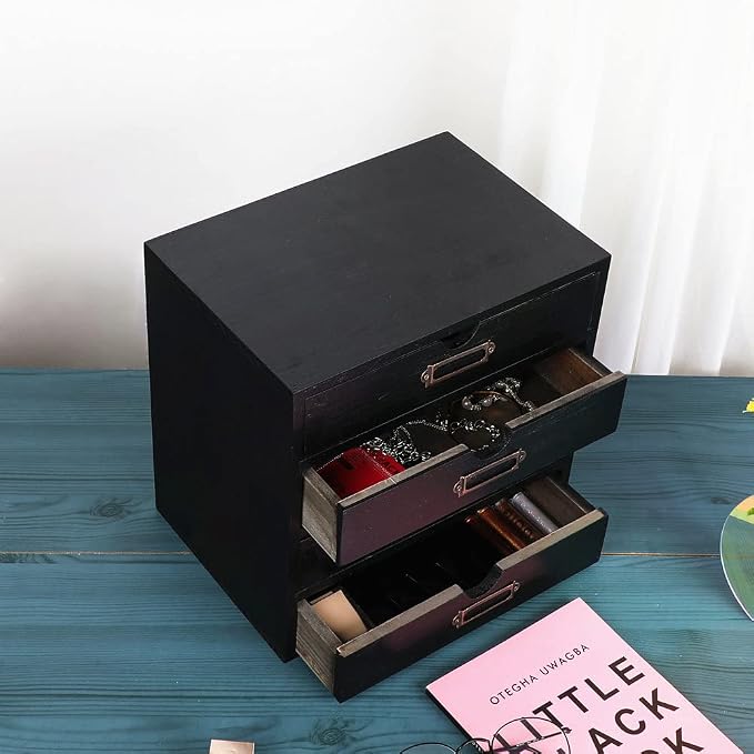 Small Wooden Drawers Wooden Box with Drawer Black | 4 Drawer Storage Box for Apothecary Cabinet, Apothecary Drawers，Desktop Organizer with Metal Handles for Office，Home