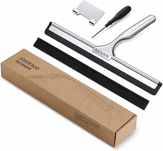MOVAN Shower Squeegee for Glass Doors with Replacement Silicone Blade – 304 Stainless Steel Frame, 10 Inch, Streak-Free Bathroom Window Wiper with Adhesive Hook, Black