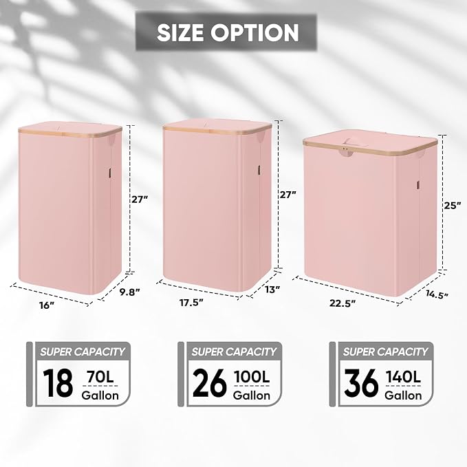 BALEINE Laundry Hamper with Lid, Tall Laundry Baskets with Bamboo Pull Handles, Large Laundry Bin with Internal Support (26 Gal/100L, Pink)