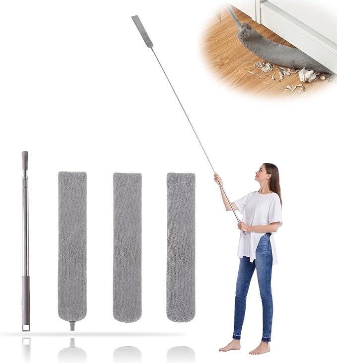 Retractable Gap Dust Cleaner with 3 Reusable Microfiber Dusting Cloths, Under Appliance/Refrigerator/Furniture Cleaning Tool with 100” Extension Pole, Washable Flat Gap Cleaning Duster by OOSOFITT