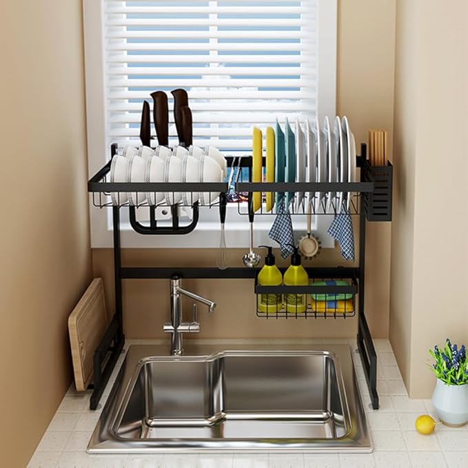 Adjustable Over The Sink Dish Drying Rack 2 Tier (25.6‘’-33.5‘’) | Length adjustable 2-tier, auto drainage, rustproof steel, includes racks/hooks, space saving, for kitchen sink